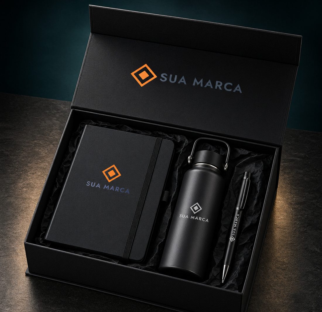 Kit Onboarding Premium em caixa preta com caderneta, garrafa térmica e caneta personalizadas